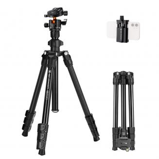 K&F CONCEPT 63.8''/1.63m Aluminum Travel Tripod 22lbs/10kg Load Reflexible Toggle Lock  O234A1+BH-28L with CNC BH-28L Head, with Mobile Phone Clip