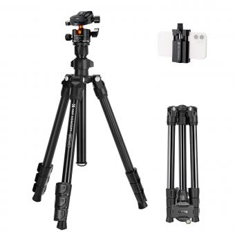 K&F CONCEPT 63.8''/1.63m Aluminum Travel Tripod 22lbs/10kg Load Reflexible Toggle Lock  O234A1+BH-28L with CNC BH-28L Head, with Mobile Phone Clip