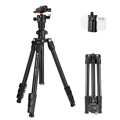 K&F CONCEPT 63.8''/1.63m Aluminum Travel Tripod 22lbs/10kg Load Reflexible Toggle Lock  O234A1+BH-28L with CNC BH-28L Head, with Mobile Phone Clip
