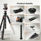 K&F Concept Kamerastativ 192 cm Aluminium – 360° Kuglehoved, 8 kg Belastning, Aftagelig Monopod, Mobilholder til iPhone/Smartphone, O275A5+BH-36