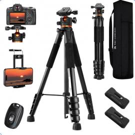 75"/190cm Kamera Tripod – Letvægts Rejsetripod til DSLR & Smartphone med 360° Kuglehoved, 8kg Belastning, Mobilholder og Fjernbetjening, Model S255A3+BH-36