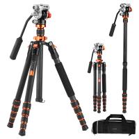 67"/173 cm Trépied Vidéo en Fibre de Carbone avec Tête Fluide, Trépied Appareil Photo Léger et Portable, Prise de Vue à +90°/-90° | Dimension Pliée: 42 cm