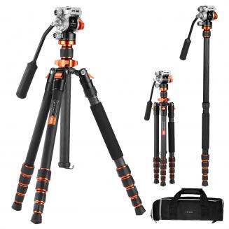 67"/173 cm Trépied Vidéo en Fibre de Carbone avec Tête Fluide, Trépied Appareil Photo Léger et Portable, Prise de Vue à +90°/-90° | Dimension Pliée: 42 cm