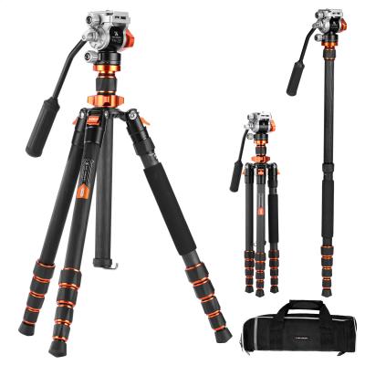 67"/173 cm Trépied Vidéo en Fibre de Carbone avec Tête Fluide, Trépied Appareil Photo Léger et Portable, Prise de Vue à +90°/-90° | Dimension Pliée: 42 cm