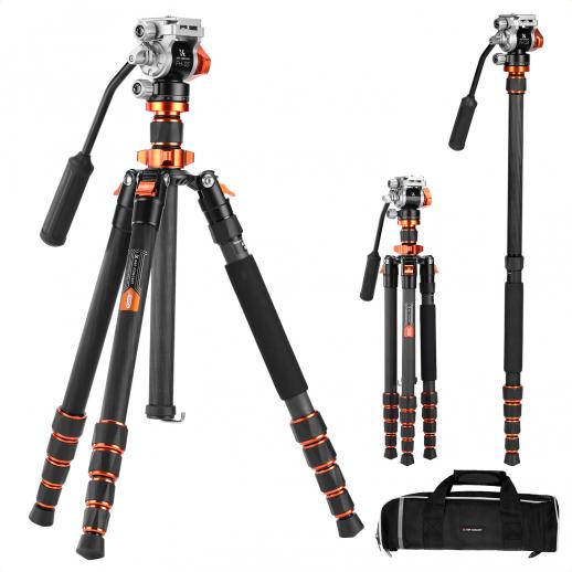 67"/173 cm Trépied Vidéo en Fibre de Carbone avec Tête Fluide, Trépied Appareil Photo Léger et Portable, Prise de Vue à +90°/-90° | Dimension Pliée: 42 cm