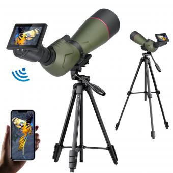 Telescopio Terrestre Profesional Kentfaith Zoom 20-60x80 con Ocular Electrónico Wi-Fi de 4.3 Pulgadas y Trípode de 1.96m para Observación de Aves y Caza