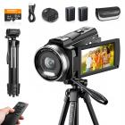 5K Videocámara con Zoom Óptico 10X, Cámara de Video 30FPS, Trípode de Aluminio, Transferencia WiFi, Control Remoto, Estabilización de 6 Ejes, Baterías Duales, Kentfaith
