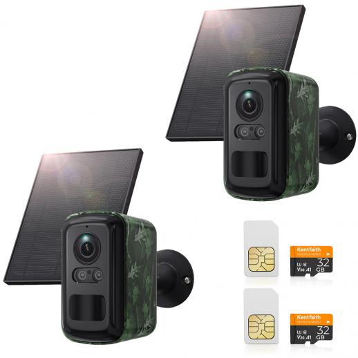 4G Solar Security Camera, 2K Video & Photo, Full-color Night Vision, with 4W Solar Panel, 5200mAh Battery, IP66 Waterproof, 2 Pack, Kentfaith