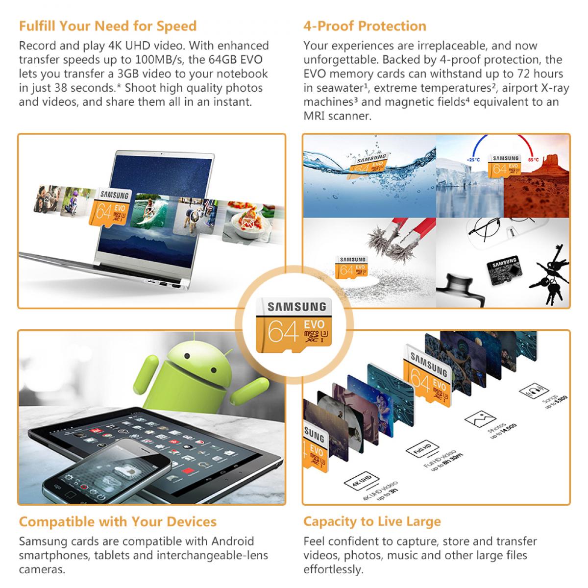 Scheda di memoria MicroSD EVO Samsung da 64 GB 100 MB / s U3