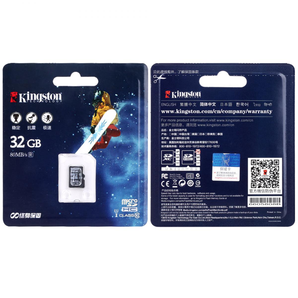 Scheda di memoria microSDHC Kingston da 32 GB classe 10 UHS-I 80 MB / s