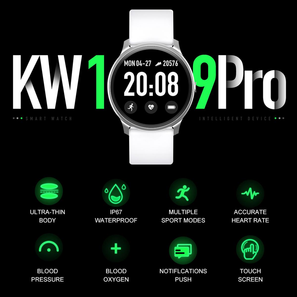 KW19 Pro Fuld skærm Touch Smart Watch Blodtryk Puls Monitor Fitness Tracker - Hvid
