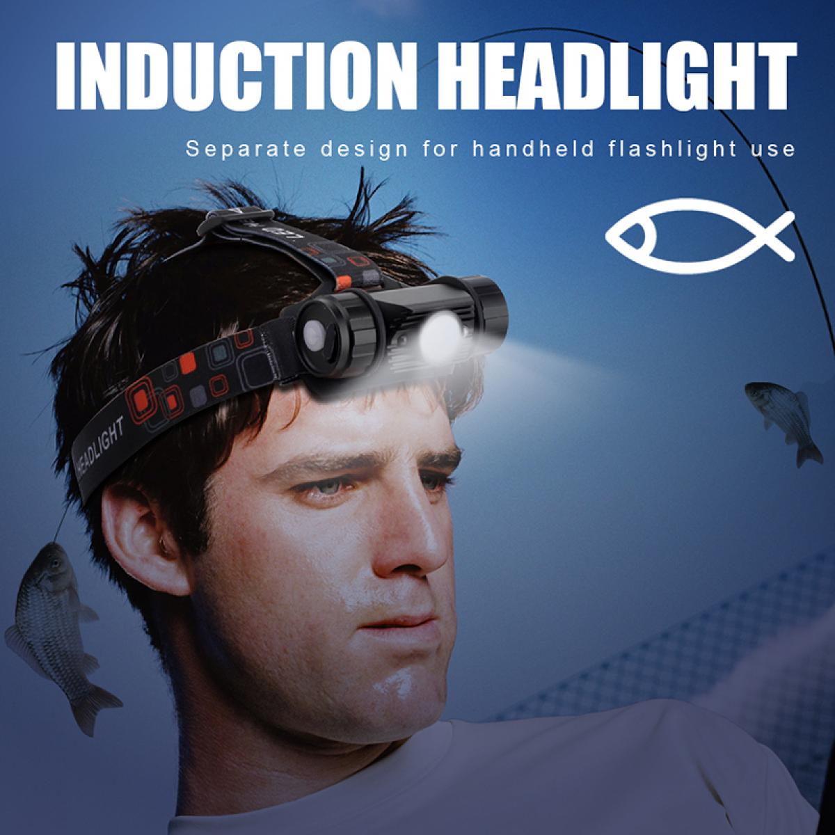 BORUiT - Induktionsstrålkastare XPE RJ-020 med rörelsesensor, uppladdningsbar LED-uppladdningsbar ficklampa, camping- eller jaktljus, 18650 lm