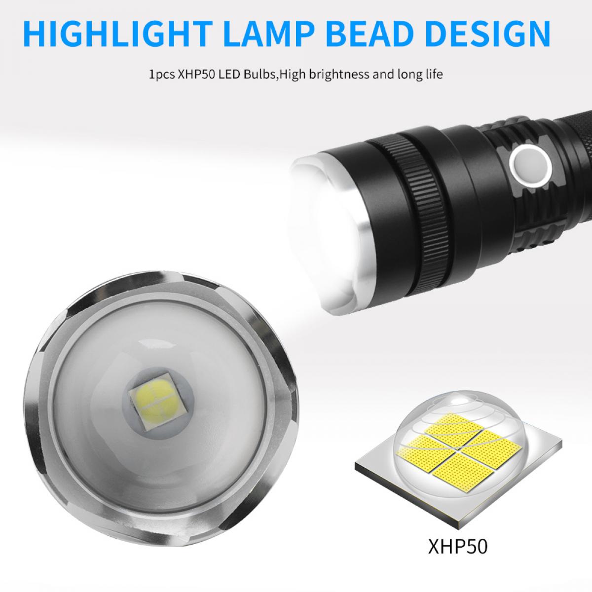 C9 Teleskopisk USB Zoom IPX4 vandtæt lommelygte, 2000LM vandtæt håndholdt LED-lys Bedste camping, udendørs, nødsituation, hverdags lommelygter