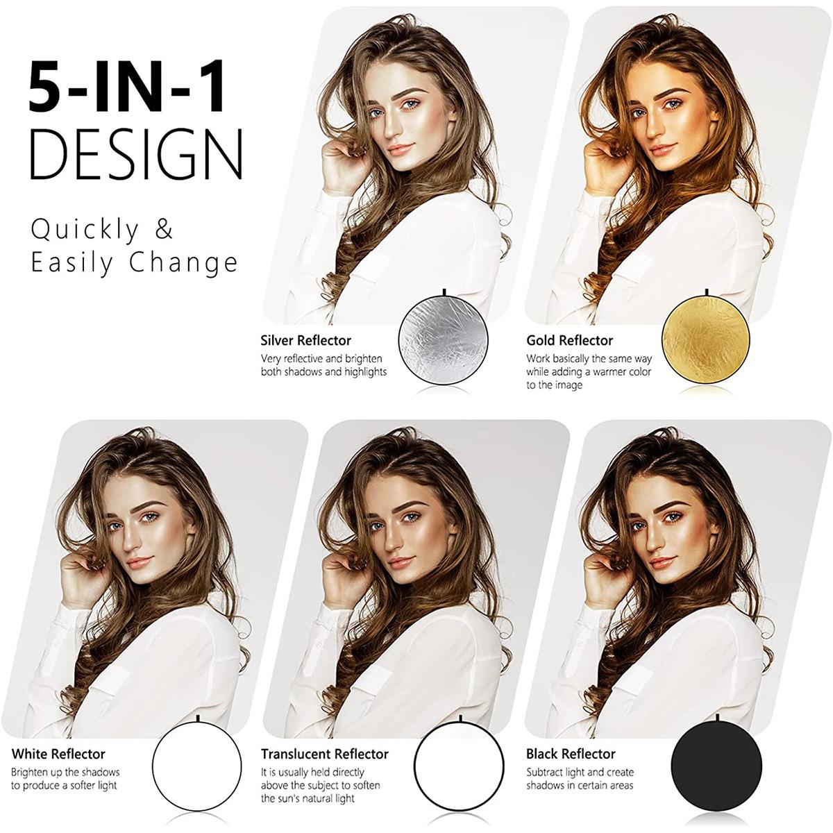 Refletor de 43 polegadas / 110 cm para cinto multi-disco 5 em 1 - translúcido, prata, ouro, branco e preto, adequado para iluminação de estúdio fotográfico e iluminação externa