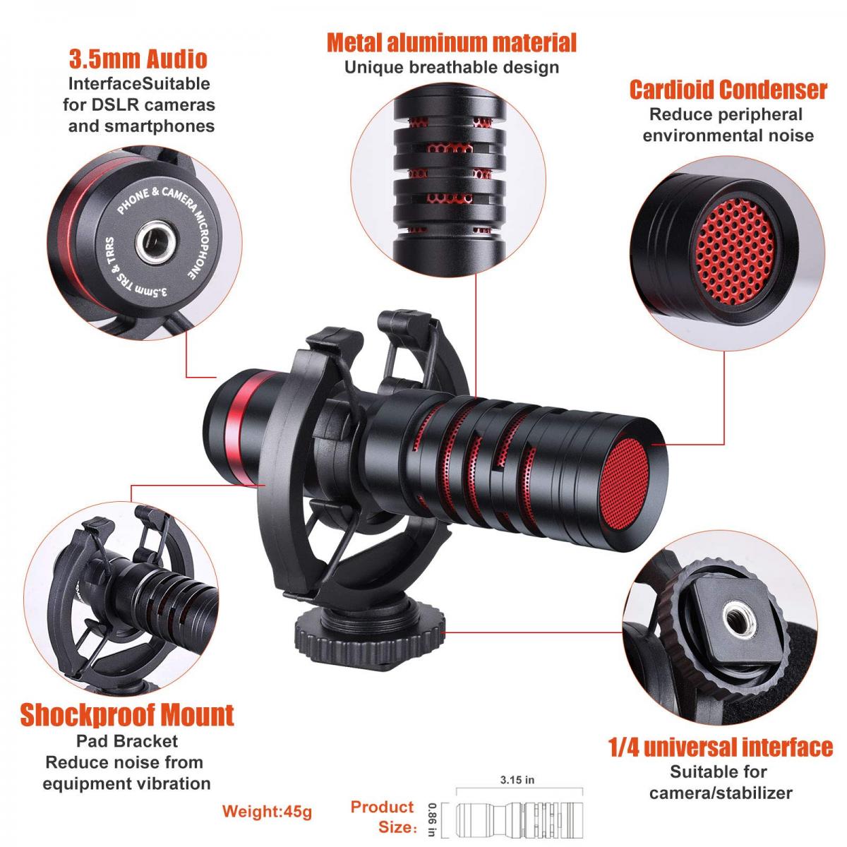 Videomikrofoni, yleiskameramikrofoni iskukiinnikkeellä iPhonen Android-älypuhelimille, Vlog, Canon EOS, Nikon DSLR -kamera, Panasonic ja videokamerat - haulikkomikrofoni