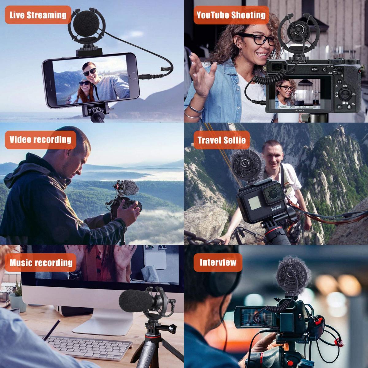 Videomikrofoni, yleiskameramikrofoni iskukiinnikkeellä iPhonen Android-älypuhelimille, Vlog, Canon EOS, Nikon DSLR -kamera, Panasonic ja videokamerat - haulikkomikrofoni