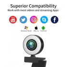 Webcam V30 1080P com microfone e luz de anel, webcam plug and play, brilho ajustável, webcam de streaming, webcam USB para PC desktop MAC, Zoom Skype YouTube