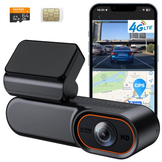 4G LTE Cámara de Tablero para Autos con Cámara Frontal, Vista Remota en Vivo y Ubicación, Alarma de Video de Eventos y Carga al Almacenamiento en la Nube, Modo de Estacionamiento 24/7 con Cable de Alimentación OBD, Kentfaith