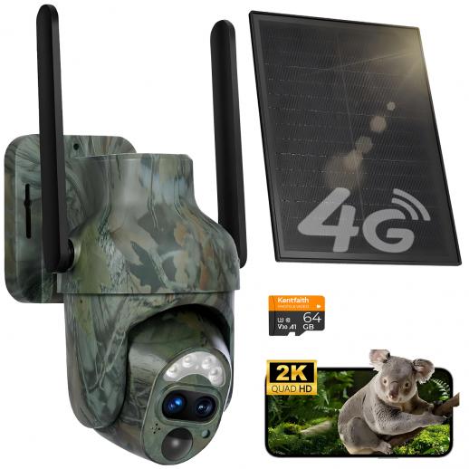 4G Cellular Trail Camera Solar, 2K 360° Utsikt Live Streaming, Bevegelsesaktivert Nattesyn IP66, Kentfaith