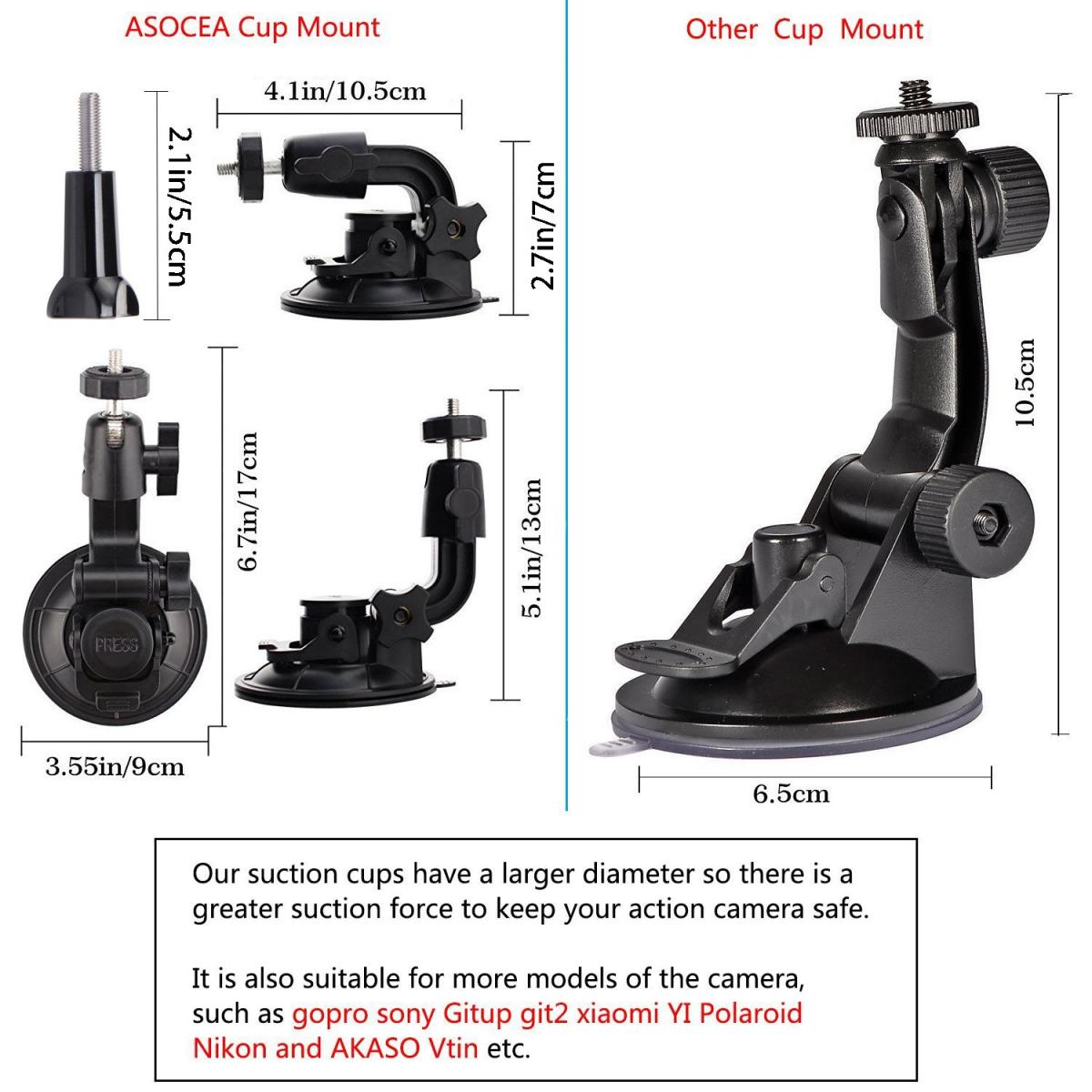 Actionkamera Sucker Mount Bilvindruta Kamerafäste Stativadapter Universalskruv Kompatibel med Gopro Hero Max, Hero 10 9 8 7 6 5 4 Svart/AKASO EK7000/Brave 4/Dragon Touch/DJI OSMO