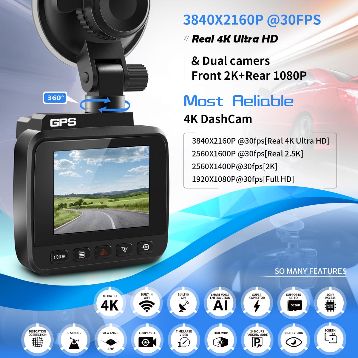 V53 3.0" IPS 4K HD Car Recorder com ângulo de gravação de 170° com sensor G, GPS, WiFi, gravação em loop, monitoramento de estacionamento, visão noturna (4K @3840*2160P) câmeras duplas