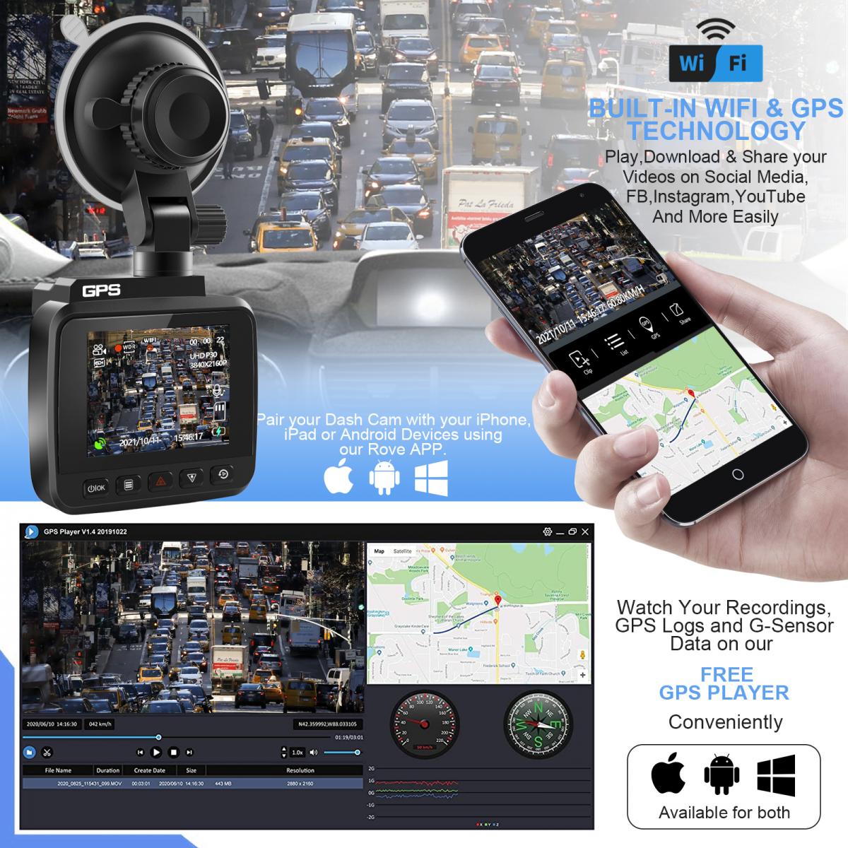 V53 3.0" IPS 4K HD Car Recorder com ângulo de gravação de 170° com sensor G, GPS, WiFi, gravação em loop, monitoramento de estacionamento, visão noturna (4K @3840*2160P) câmeras duplas