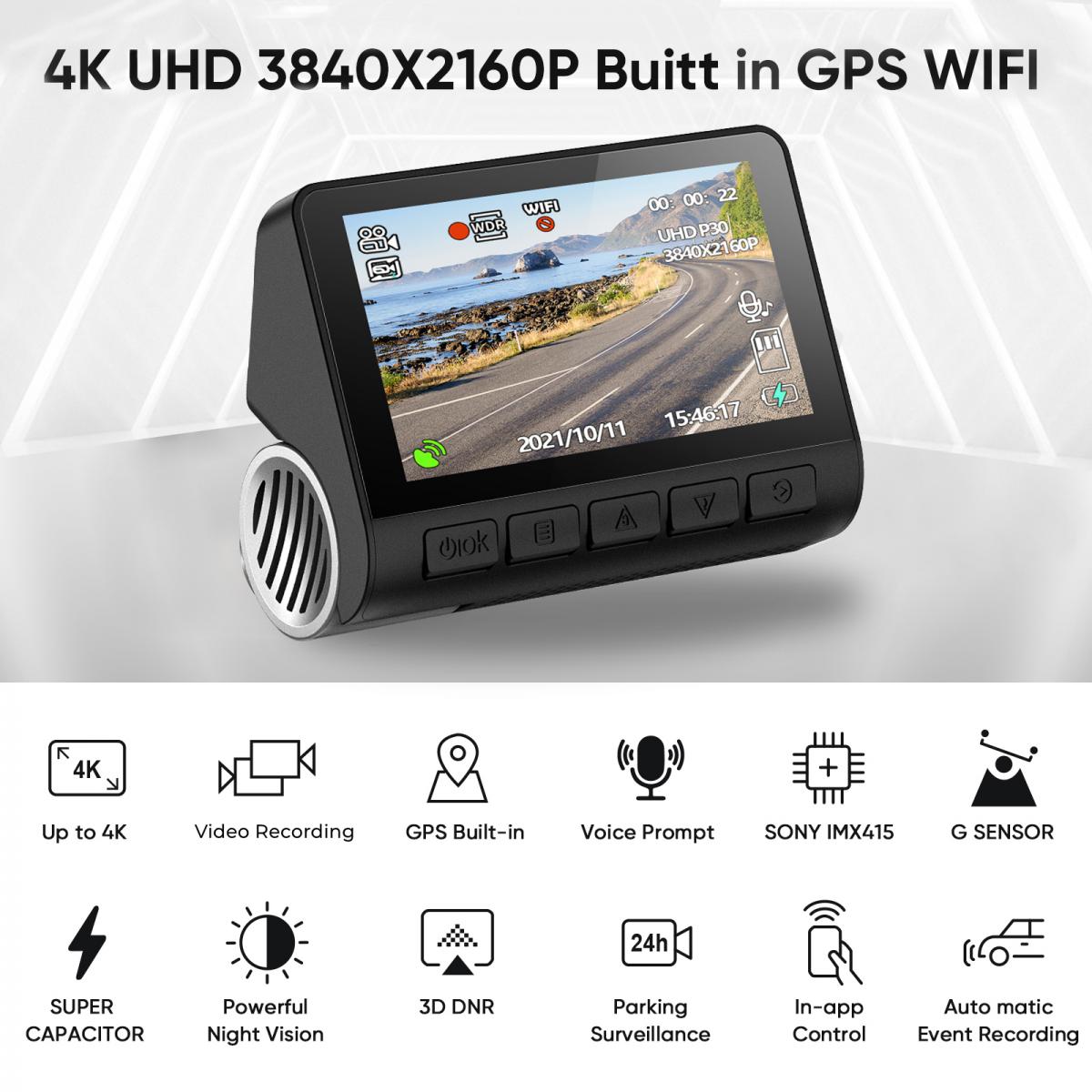 Gravador de carro V55 4K Tela IPS de 3,0" Ângulo de gravação de 170° com Sensor G, GPS, WiFi, Gravação em loop, Monitoramento de estacionamento, Visão noturna (4K @3840*2160P)
