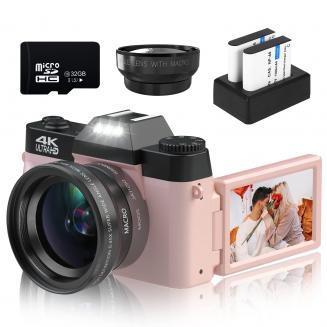 Digitalkamera til fotografering og video 4K 48MP Blog YouTube med 180° flip-skærm, 16X digital zoom, 52 mm vidvinkel- og makroobjektiv, 32 GB TF-kort, 2 batterier, lyserød