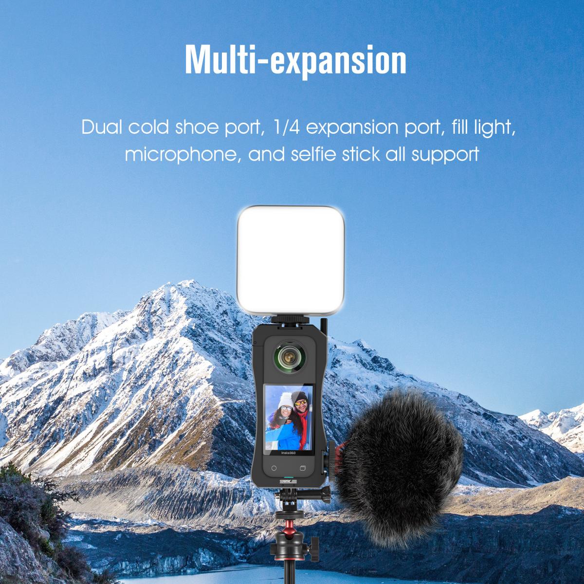 Video Vlogging -kamerakotelo Insta360 x3:lle, alumiininen videoteline 1/4" kierrekiinnikkeellä, 2 kylmäkenkäkiinnitystä mikrofonille ja LED-valolle