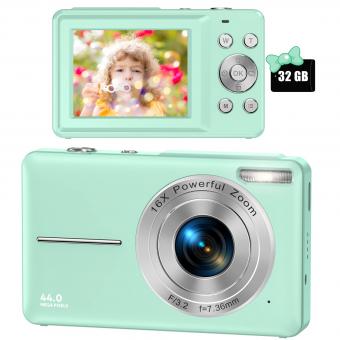 Macchina fotografica per bambini, fotocamera digitale FHD 1080P per bambini Videocamera con 32GB SD Card 16X zoom digitale, fotocamera compatta punto e scatto piccola fotocamera portatile per adolescenti studenti ragazzi ragazze senior (Verde)