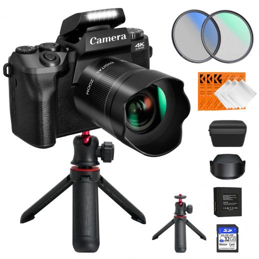 Forbedret 4K 64MP Digitalkamera til Fotograferingsnybegyndere, Video, YouTube Vlog, 4-tommers WiFi Touchskærm med Blitz, Linseskærm, 52mm Black Mist 1/4 + CPL Filter, Kamerastativ, 3000mAH Batteri, Kentfaith