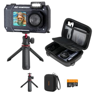 33ft/10m Waterproof Camera 4K 48MP HD Foto's & Video's met Dual-Screen voor Snorkelen, Surfen, Zwemmen, Waterdichte Camera voor Kinderen, Volwassenen, Inclusief EVA Opbergtas & Statief, Zwart