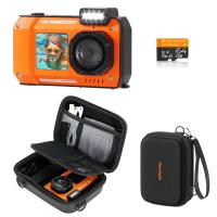 Appareil photo étanche 33ft/10m 4K 48MP Photos & vidéos HD avec double écran pour snorkeling, surf, natation, appareil photo étanche pour enfants, adultes, inclut boîtier de rangement EVA, orange