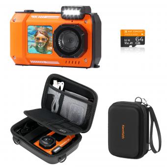 33ft/10m Waterproof Camera 4K 48MP HD Foto's & Video's met Dual-Screen voor Snorkelen, Surfen, Zwemmen, Waterdichte Camera voor Kinderen, Volwassenen, inclusief EVA Opbergcase, Oranje