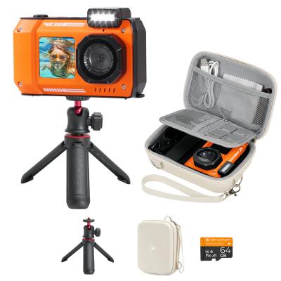 33ft/10m Waterproof Camera 4K 48MP HD Foto's & Video's met Dual-Screen voor Snorkelen, Surfen, Zwemmen, Waterdichte Camera voor Kinderen, Volwassenen, Inclusief EVA Opbergcase & Statief, Oranje