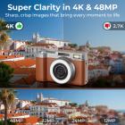 4K digitalkamera til fotografering med blitz + objektiv-lysfyld og 180° vipbar skærm Kentfaith