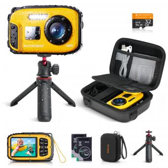 Kentfaith Waterdichte Kindercamera 48MP – Onderwater tot 5m (IP68), 1080P HD Video, 16x Zoom, LED-licht, 15 Frames + EVA-tas & Statief – Cadeau voor Kinderen van 3 tot 12 Jaar