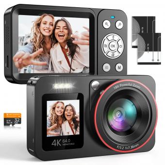 4K 64MP Cámara Digital Pantalla Dual para Selfies, Zoom 18X, Tarjeta de 32GB y 2 Baterías para Principiantes YouTube Vlog, Kentfaith