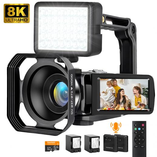 8K videokamera, 64MP fotos, WiFi-forbindelse, 2 batterier, fjernbetjening, 64GB-kort, Kentfaith
