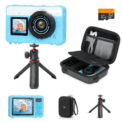 Cámara Submarina para Niños 4K 48MP, 3M Impermeable, Pantalla Dual, para Buceo y Natación, Incluye Estuche de Almacenamiento EVA, Trípode, Kentfaith