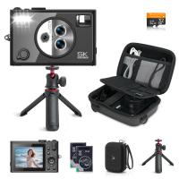 Cámara Digital Compacta 5K 75MP, 3 Lentes Zoom 12X Autofoco para Vlogging en YouTube, Trípode Compacto, Bolsa para Cámara, Tarjeta de 32GB 2 Baterías, Kentfaith