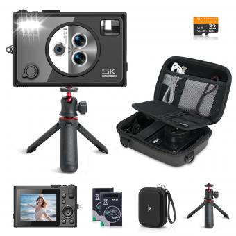 Cámara Digital Compacta 5K 75MP, 3 Lentes Zoom 12X Autofoco para Vlogging en YouTube, Trípode Compacto, Bolsa para Cámara, Tarjeta de 32GB 2 Baterías, Kentfaith