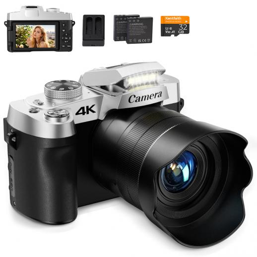 4K digitalt kamera til fotografering, 12X optisk zoom, 75MP, 180° vippeskærm, WiFi vlog kamera til video, YouTube, Kentfaith