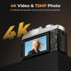 4K digitalt kamera til fotografering, 12X optisk zoom, 75MP, 180° vippeskærm, WiFi vlog kamera til video, YouTube, Kentfaith