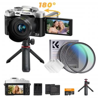75MP Cámara Digital 4K para Fotografía, Zoom Óptico 12X, Pantalla Abatible 180°, Juego de Filtros 52mm Black Mist 1/4 + CPL, Trípode para Cámara, Cámara Vlogging WiFi para Video, YouTube, Kentfaith