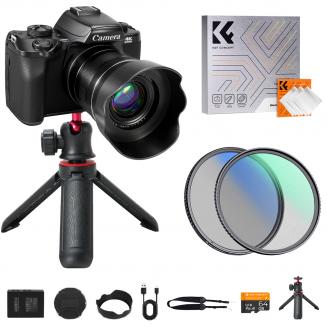 5K 75MP digitalkamera for fotografering, 20X optisk zoom, WiFi YouTube-vloggkamera med autofokus og dobbelt linse for selfie, 4-tommers berøringsskjerm, 52mm svart dis 1/4 + CPL-filter, kamerastativ, Kentfaith