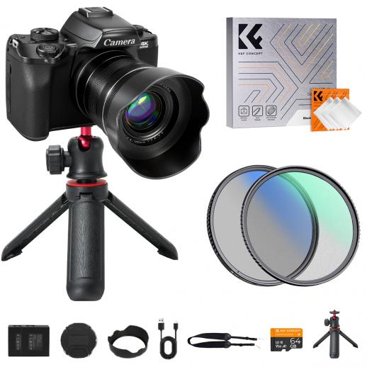 5K 75MP digitalkamera for fotografering, 20X optisk zoom, WiFi YouTube-vloggkamera med autofokus og dobbelt linse for selfie, 4-tommers berøringsskjerm, 52mm svart dis 1/4 + CPL-filter, kamerastativ, Kentfaith