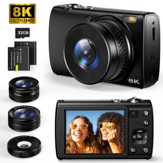 8K 88MP Digital Camera med 30X Macro/Vidvinkel/Fisheyelins, Dual Sony-sensor, 6-gyrostabilisering, Dubbla batterier, 32G-kort, Kentfaith