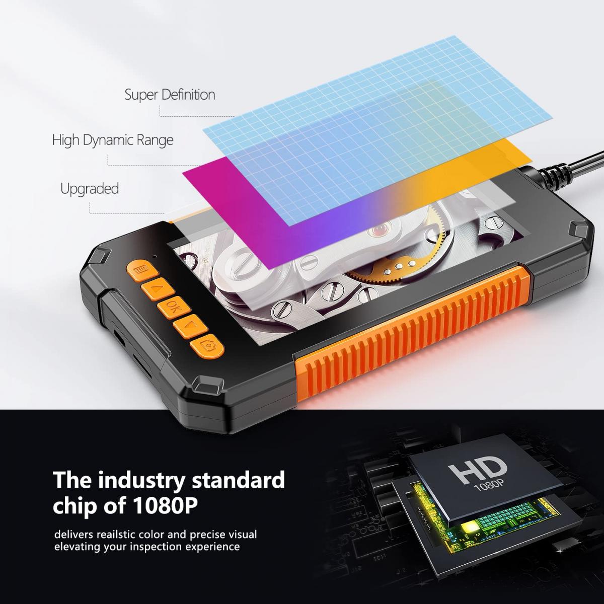 K&F Concept Industrielt endoskopikamera 8 mm endoskopiinspeksjonskamera 4,3 tommers HD-skjerm 1080P slangekamera med LED-lys, halvstiv kabel for auto-, motor-, avløpsinspeksjon (8 mm, 10m/32,8 fot) oransje