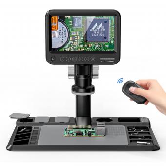 Microscopio elettronico ad alta definizione da 7 pollici, 12 milioni di pixel, pulsante di tocco, ingrandimento 50-1600x, luce senza ombra regolabile LED, telecomando wireless 2.4G, supporto per la connessione PC